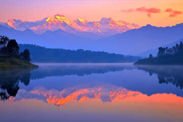Stunning Sunrise Reflecting Over the Tranquil Waters at the Foothills of the Himalayas