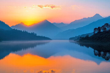 Fototapeta premium Dazzling Sunrise Over the Himalayas Reflected in Tranquil Waters of a Serene Lake
