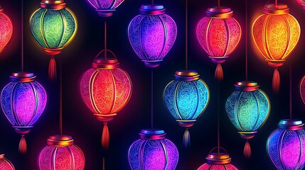 Colorful Neon Lantern Seamless Pattern Design
