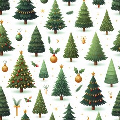 New Year's pattern, green fir trees and Christmas balls on a white background.