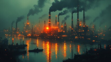 Naklejka premium A view of an industrial complex at night with smokestacks emitting smoke and lights reflecting on the water.