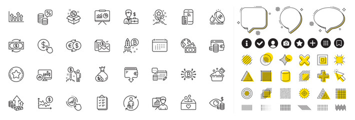 Set of Candlestick chart, Loyalty points and Money tax line icons for web app. Design elements, Social media icons. Contactless payment, Presentation board, Sale icons. Vector