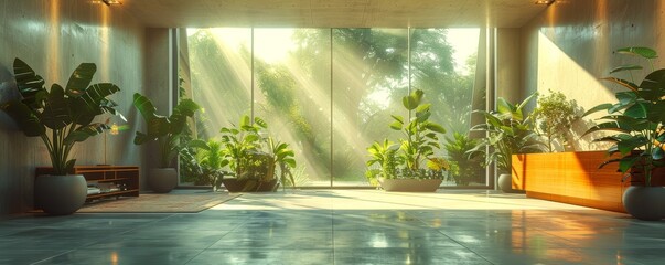 Modern Sunlit Interior with Large Windows and Lush Green Plants in a Spacious Living Area
