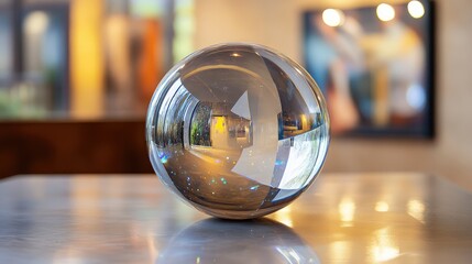 Transparent sphere with floating geometric shapes inside, casting soft reflections and a festive shimmer.