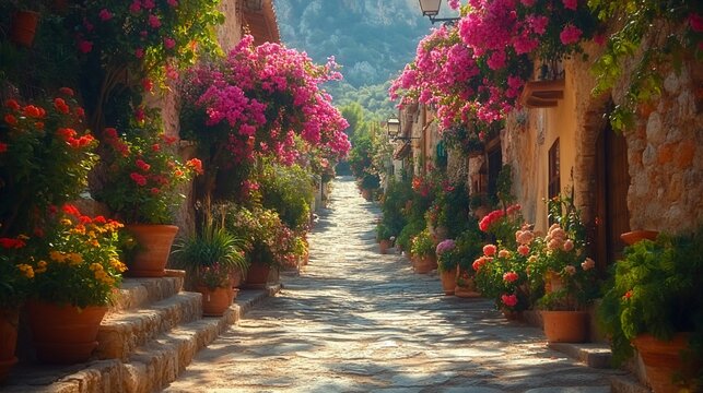 A cobblestone street lined with colorful flowers and terracotta pots in a sunny European town.