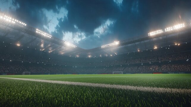 large crowd fills stadium stands eagerly watching game field as evening descends. Floodlights illuminate vibrant scene enhancing lively atmosphere.