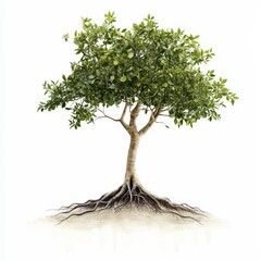 Mangrove Tree Roots on White, detailed depiction of a mangrove tree with exposed roots, coastal ambiance, muted earthy tones, serene isolation