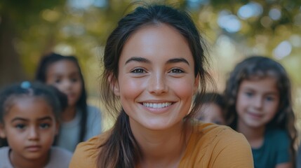 Fototapeta premium Joyful Young Woman with Children in Nature Setting. Generative ai