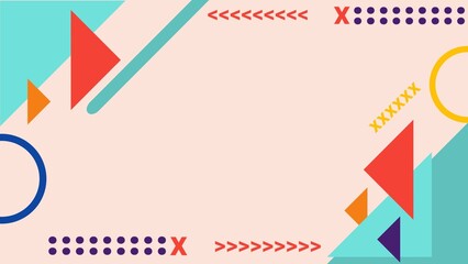 Obraz premium A modern, abstract geometric background with colorful shapes and patterns, featuring triangles, circles, and arrows arranged in vibrant, playful formations on a white or light background.