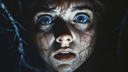 A Terrified Woman Whispers in the Darkness, Illuminated by Eerie Shadows During the Night