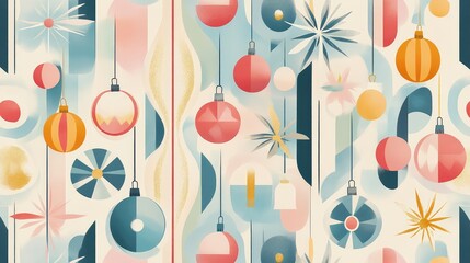 Repeating retro pattern of Christmas ornaments in pastel colors with bold geometric shapes and metallic accents.