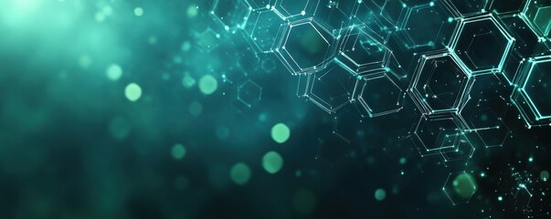 Abstract graphic of interconnected glowing hexagons on teal background