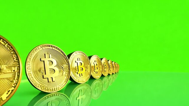 Golden bitcoins in a row on green screen background. Gold Bitcoin, Green Screen, 3D Render chroma key 4k video. Crypto,trading,coin