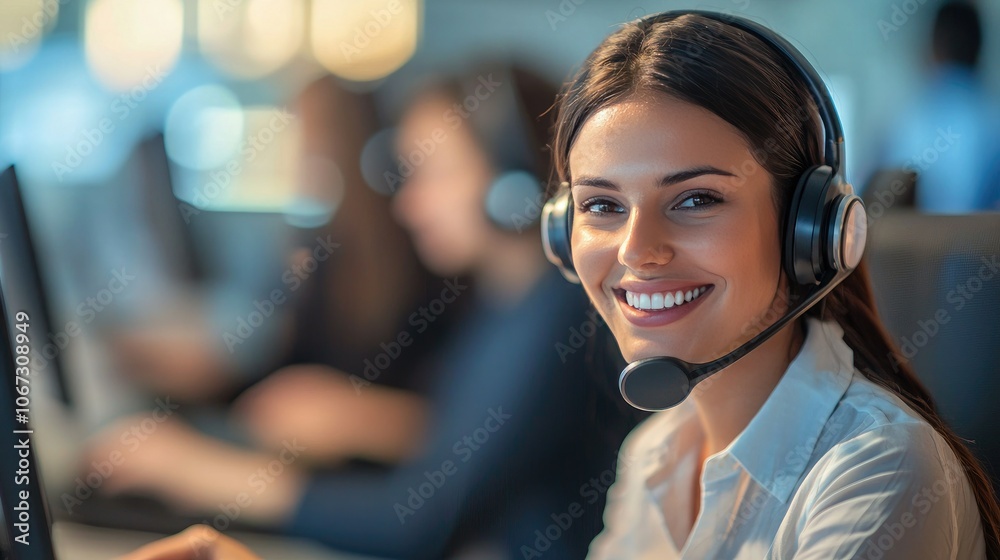 Poster customer service representative assisting a customer over the phone with a smile.