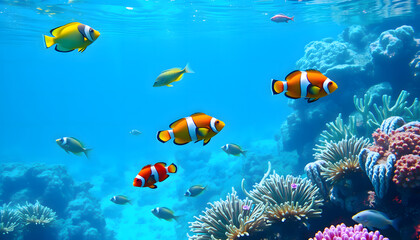 Obraz premium Tropical Fish and Coral Reef Pattern.