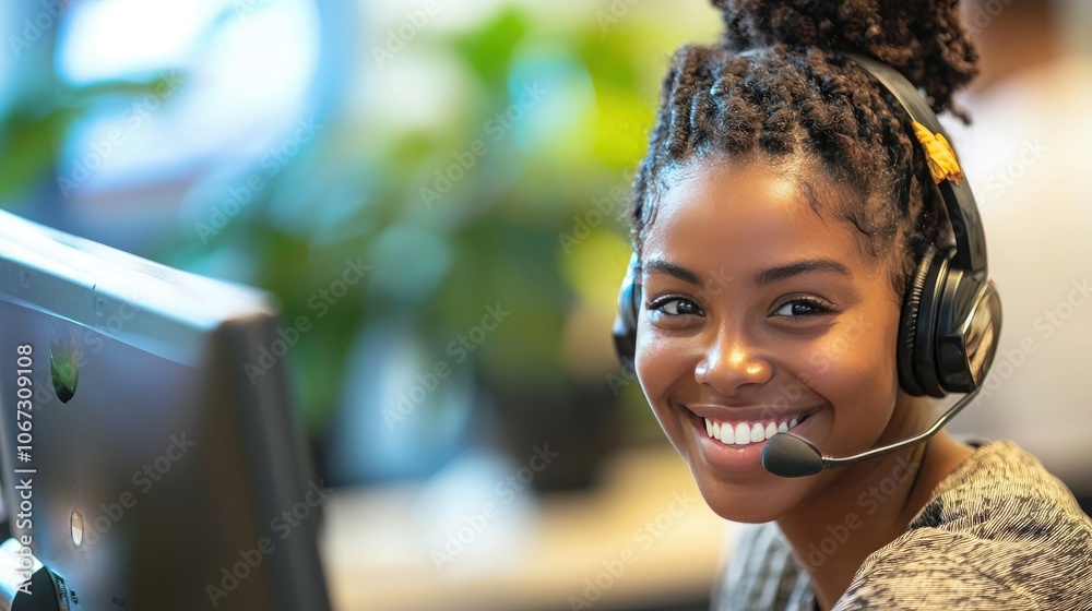 Poster customer service representative assisting a customer over the phone with a smile.