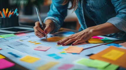 Naklejka premium Content writer brainstorming ideas with sticky notes and sketches.