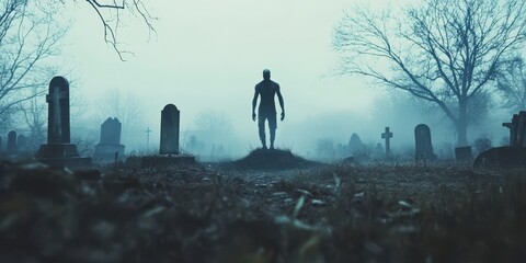 Spooky Silhouette in Foggy Graveyard