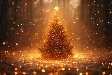 Naklejka premium merry christmas background featuring a beautifully decorated christmas tree surrounded by soft golden bokeh lights creating a warm and festive atmosphere for the holiday season