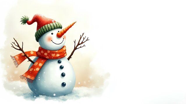 Background watercolor illustration of a snowman wearing a red Santa Claus hat and scarf in snow on a white background with snowy border and free space for text. Background for holiday card design