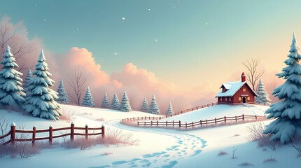 A cozy cabin with a wooden fence and footprints in the snow, surrounded by snow-covered trees, against a winter landscape. Winter background for christmas or new year design