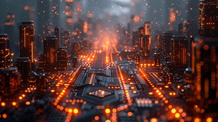 Obraz premium Futuristic Cityscape with Glowing Circuit Board Elements and Neon Lights in a High-Tech Urban Environment