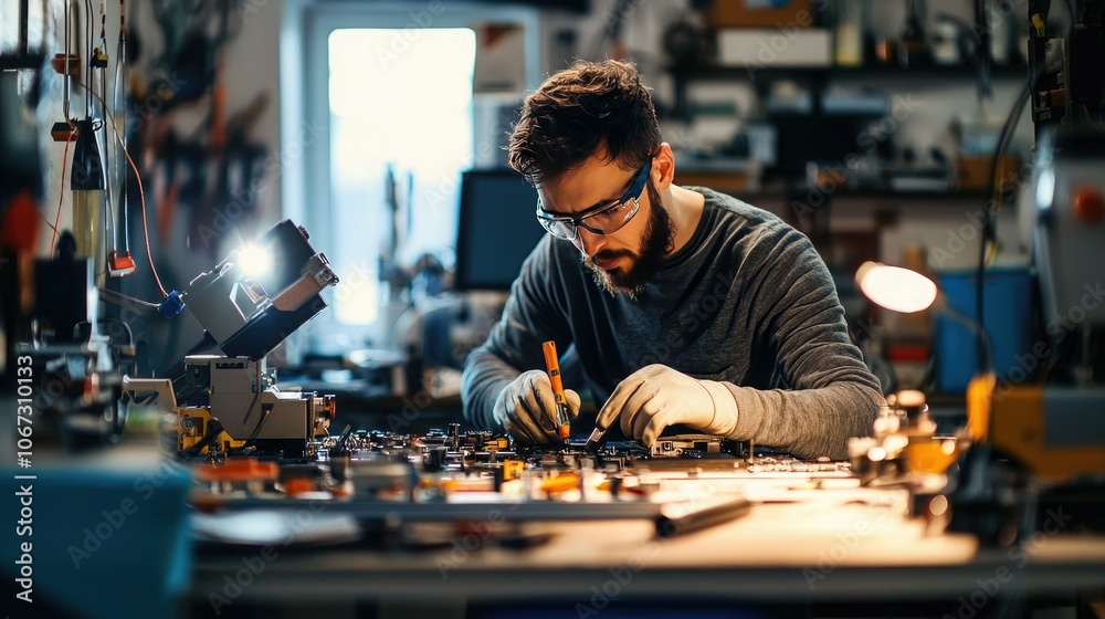 Poster Engineer working on a prototype in a workshop with tools and equipment.