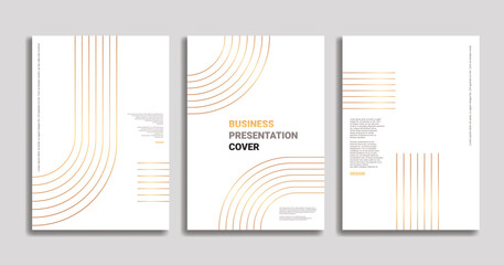 Business Presentation Cover with minimal design for corporate branding. Clean lines and geometric patterns with orange accents and white space. A4 format for brochures and reports