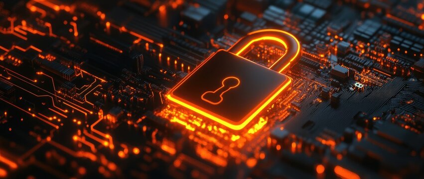 3D Illustration of Glowing Padlock with Computer Chip on Neon Background. Network Data Protection and Cybersecurity