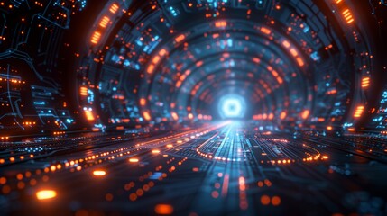 Fototapeta premium Futuristic Digital Tunnel with Glowing Lights and Circuit Patterns for Technology and Innovation Themes
