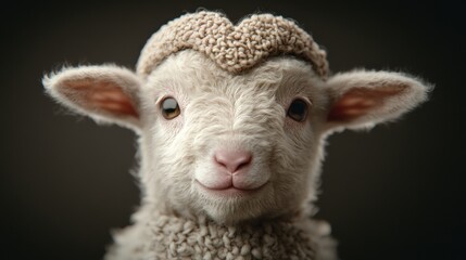 Fototapeta premium Adorable lamb with a knitted hat gazes curiously, exuding warmth and innocence, AI