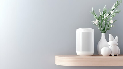 A sleek, contemporary baby monitor equipped with a high-definition camera, positioned on a wooden shelf in a well-decorated childrens room,