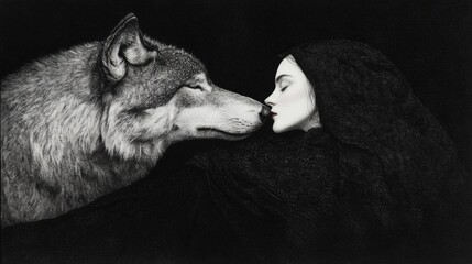 A wolf and a woman share an intimate, mystical moment in a dark, ethereal setting, AI