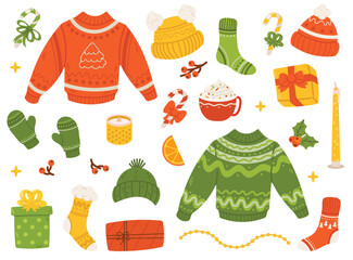Hygge Christmas elements set. Cute and cozy winter collection. Illustration of christmas present, garland, warm knitted sweater, decor, envelope and candle