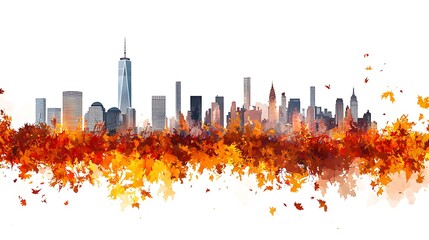 Fototapeta premium Urban Skyline Silhouettes with Autumn Leaves