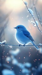 Fototapeta premium Bluebird on a Wire, vibrant bluebird resting on a wire against a softly blurred sky, evoking tranquility and nature's beauty