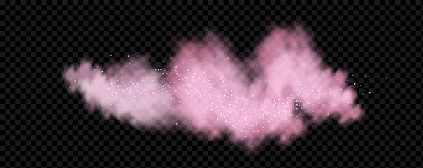 Pink powder dust with glittering shimmering swirls, shiny glitter design. Magical motion, sparkling lines on a black background.