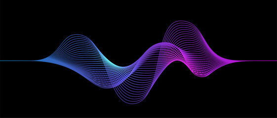 Vector abstract glowing wave lines on dark background. Modern purple blue gradient flowing wave lines. Futuristic technology concept. Suit for poster, banner, brochure, cover, website, flyer