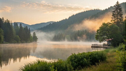 Fototapeta premium New Zealand, Westland District, Fox Glacier, Lake Matheson at dawn with mountains shrouded in fog in background