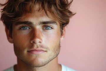 Fototapeta premium moody portrait of a young caucasian man isolated against a soft pink backdrop conveying emotions of introspection and subtle melancholy with a focus on facial expressions