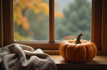 An appetizing beautiful pumpkin lies on a wooden windowsill. There is a beautiful autumn landscape outside the window. The atmosphere of warmth and comfort on an autumn day. Thanksgiving day