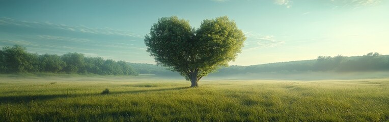 Obraz premium Heart-shaped Tree in Green Meadow with Blue Sky Background