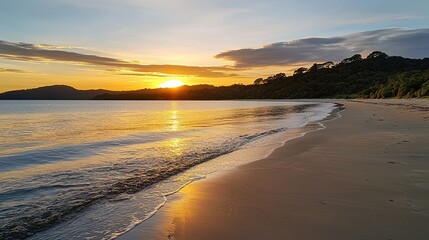 A tranquil beach scene at sunset, with gentle waves lapping at the shore and a vibrant sky painting the horizon in warm colors.