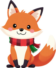 Obraz premium Cute cartoon fox wearing a green and red striped scarf, smiling warmly on a transparent background. Perfect for holiday themes, winter illustrations, and children’s designs.