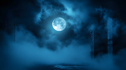Full moon illuminating a dark, cloudy night sky with dense blue fog. Halloween background , nighttime ambiance, lunar light concept, gothic aesthetic, eerie atmosphere.