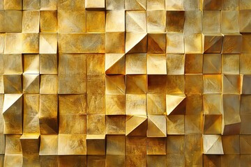 3D Gold Cube Background. Abstract golden pattern with metallic cubes forming a futuristic, tiled wall texture.