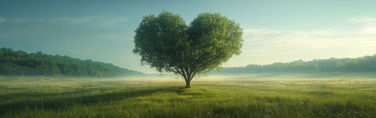 Fototapeta premium Heart-shaped Tree in Green Meadow with Blue Sky Background
