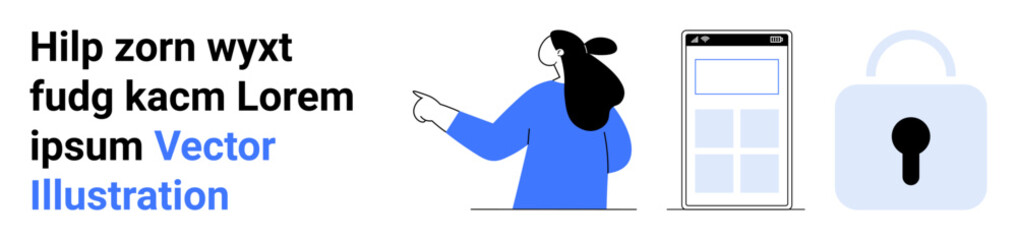 Woman pointing at mobile interface, random text snippet, and lock symbol illustrating security and data access. Ideal for cybersecurity, app development, data protection, online services, digital