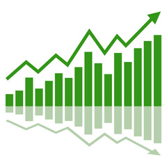 Business success chart reflection diagram with arrows, profit growth symbols, progress bar symbols, growing graph icons. Vector illustration