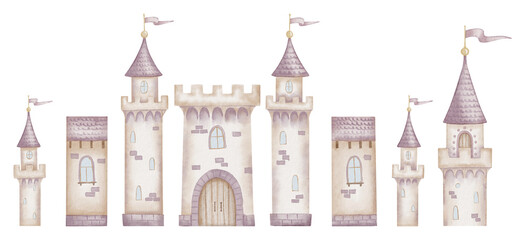 Castle watercolor illustration for clip art. Fairytale palace with towers in pastel pink colors for baby greeting cards and girl nursery wall art. Magic fortress for kid design and childish poster. © Alisles